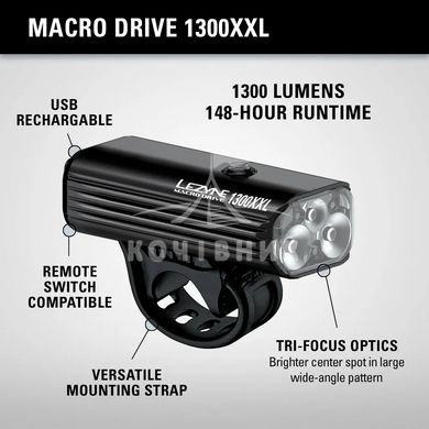 Переднє світло LEZYNE MACRO DRIVE 1300XL REMOTE LOADED Чорний 1300 люменів Y13